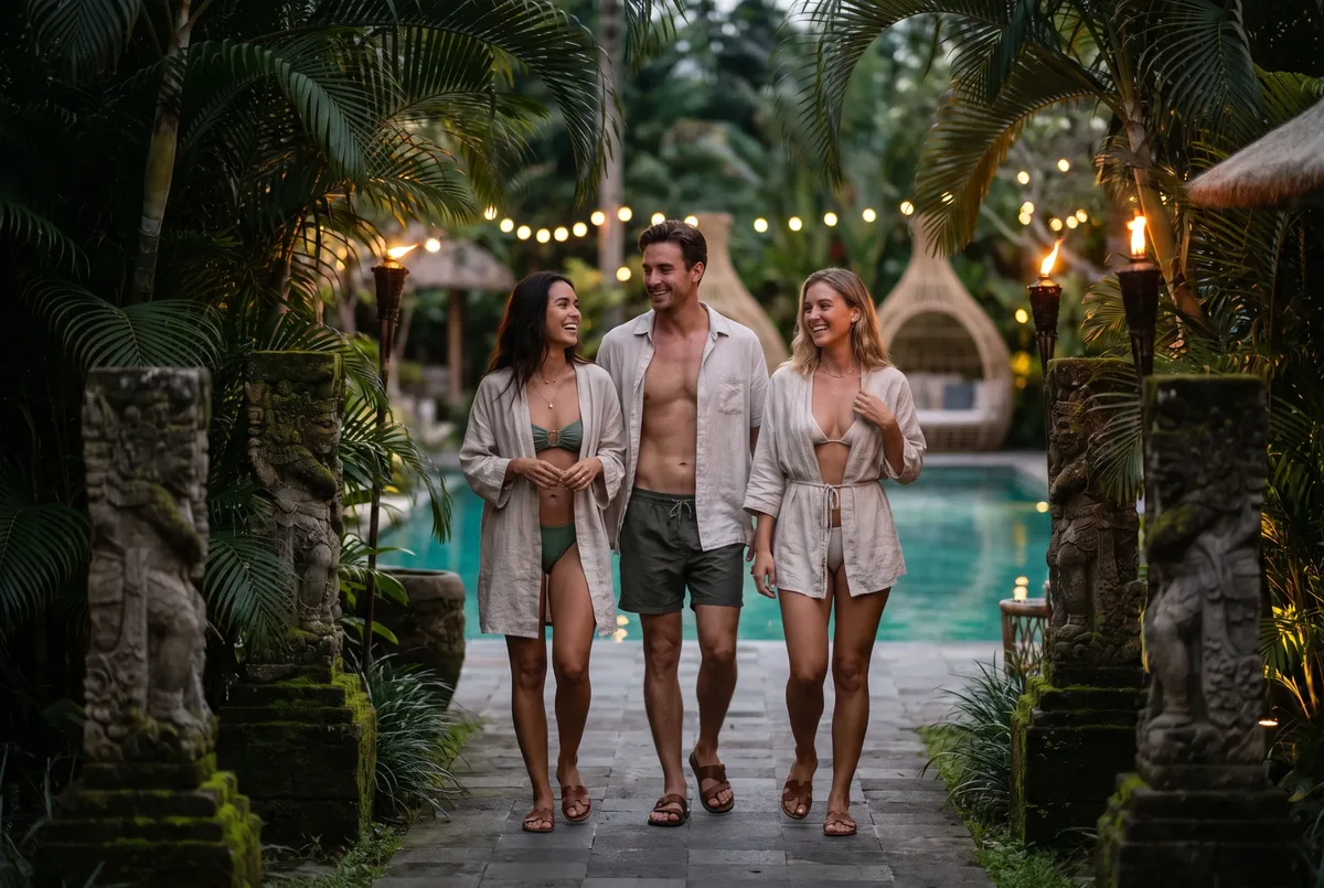 Ayu Dayclub pool party attire: swimwear, cover-ups and sandals