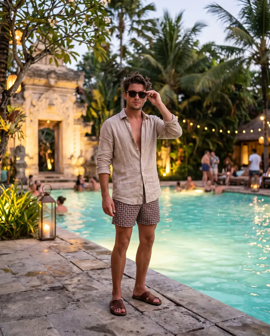 What men should wear at Ayu Dayclub: swim trunks, linen shirt, clean slides
