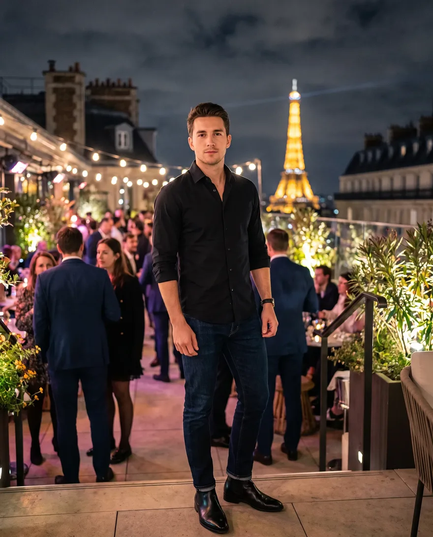 What men should wear at Chéri Rooftop & After Dark: button-up shirt, dark jeans, dress shoes