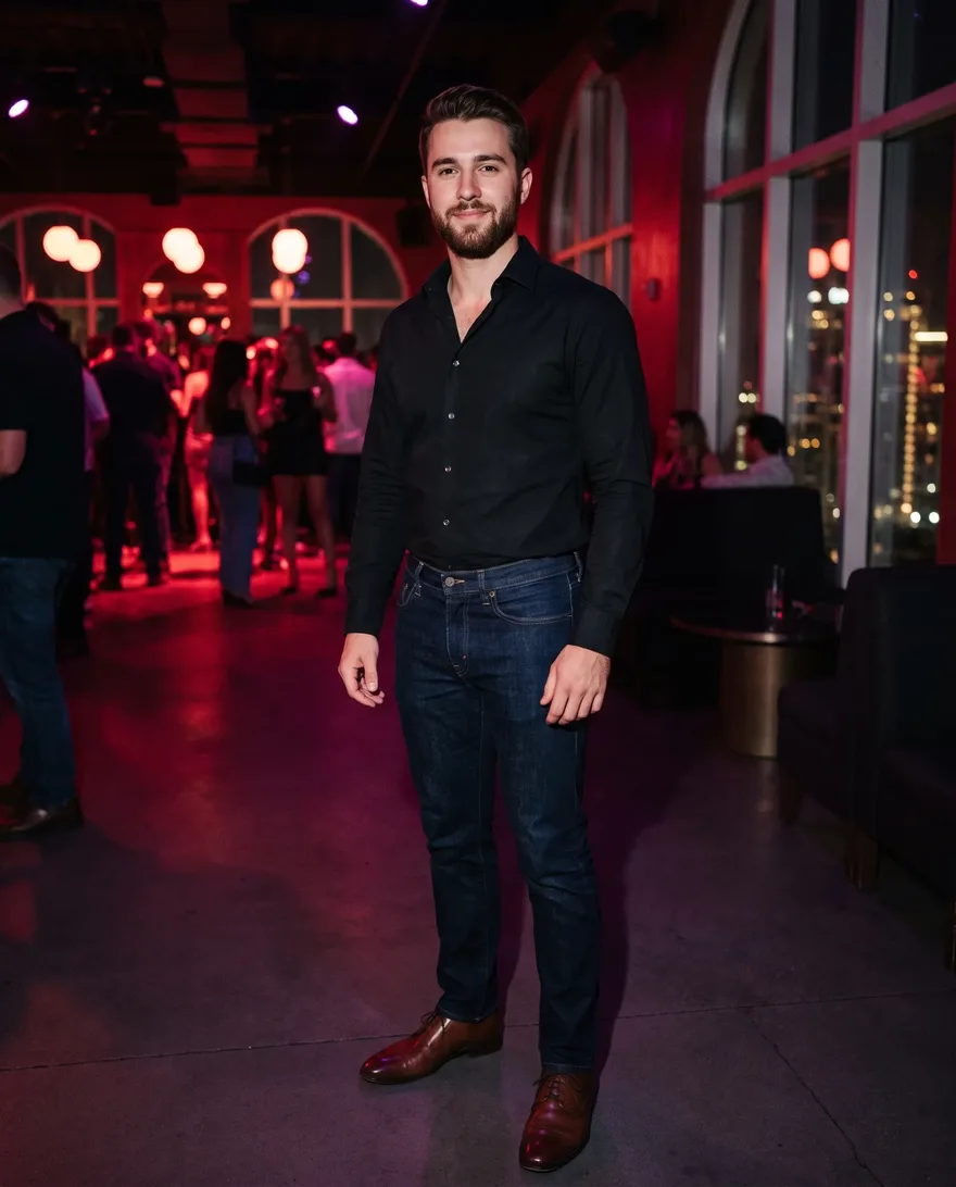 What men should wear at Drai's After Hours: button-up shirt, dark jeans, dress shoes