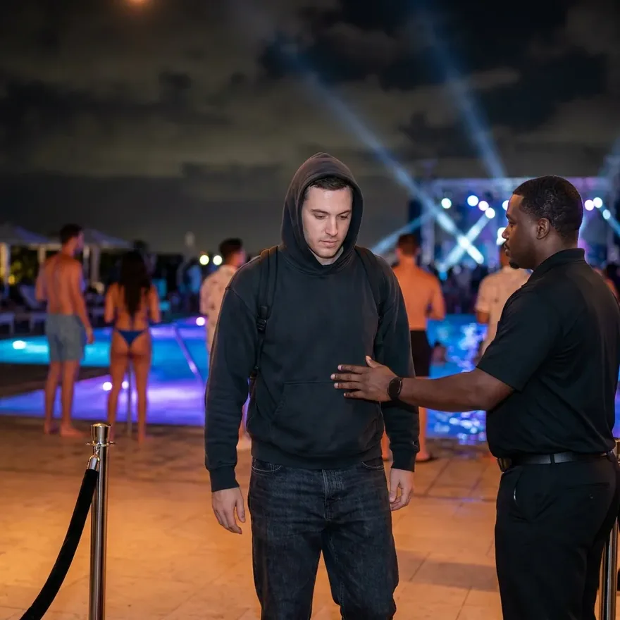 Not the move at EBC at Night: head-to-toe street clothes at the pool