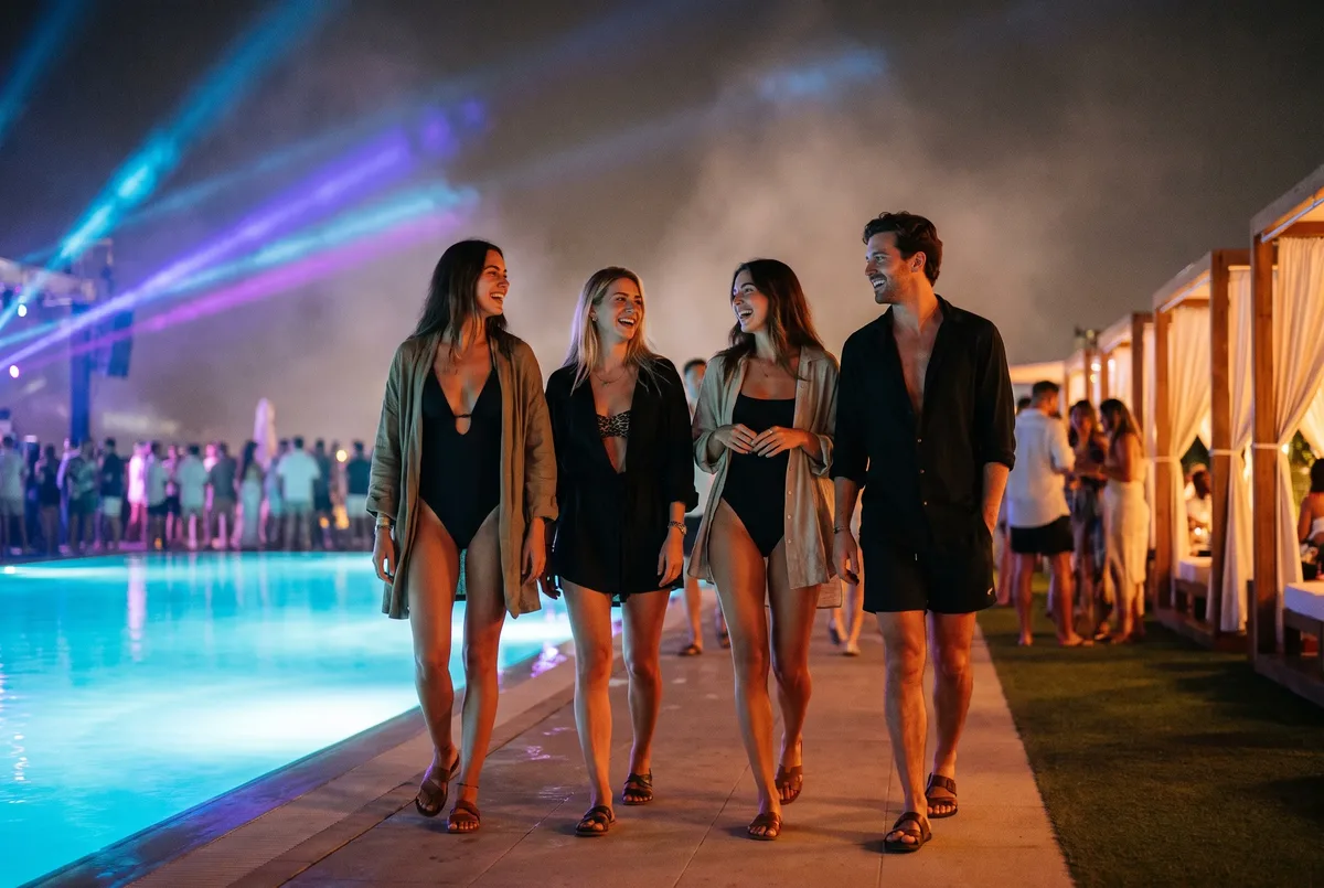 EBC at Night pool party attire: swimwear, cover-ups and sandals