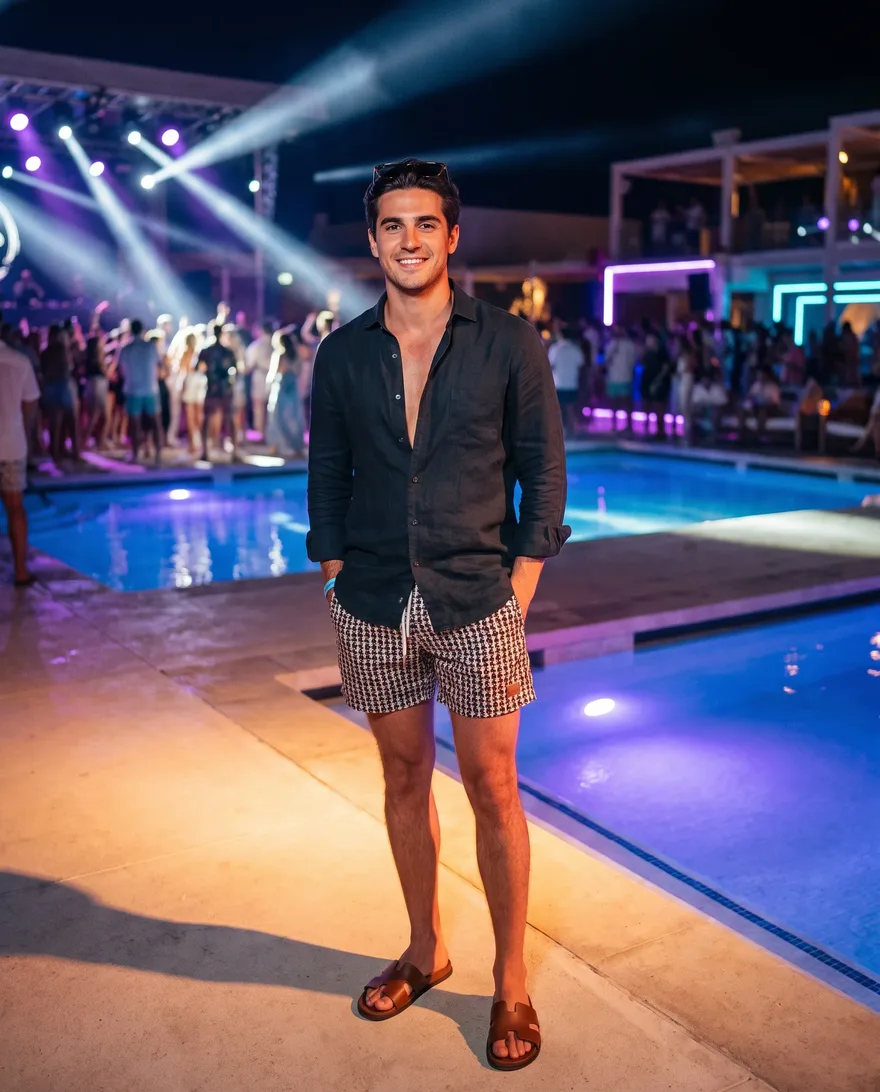 What men should wear at EBC at Night: swim trunks, linen shirt, clean slides