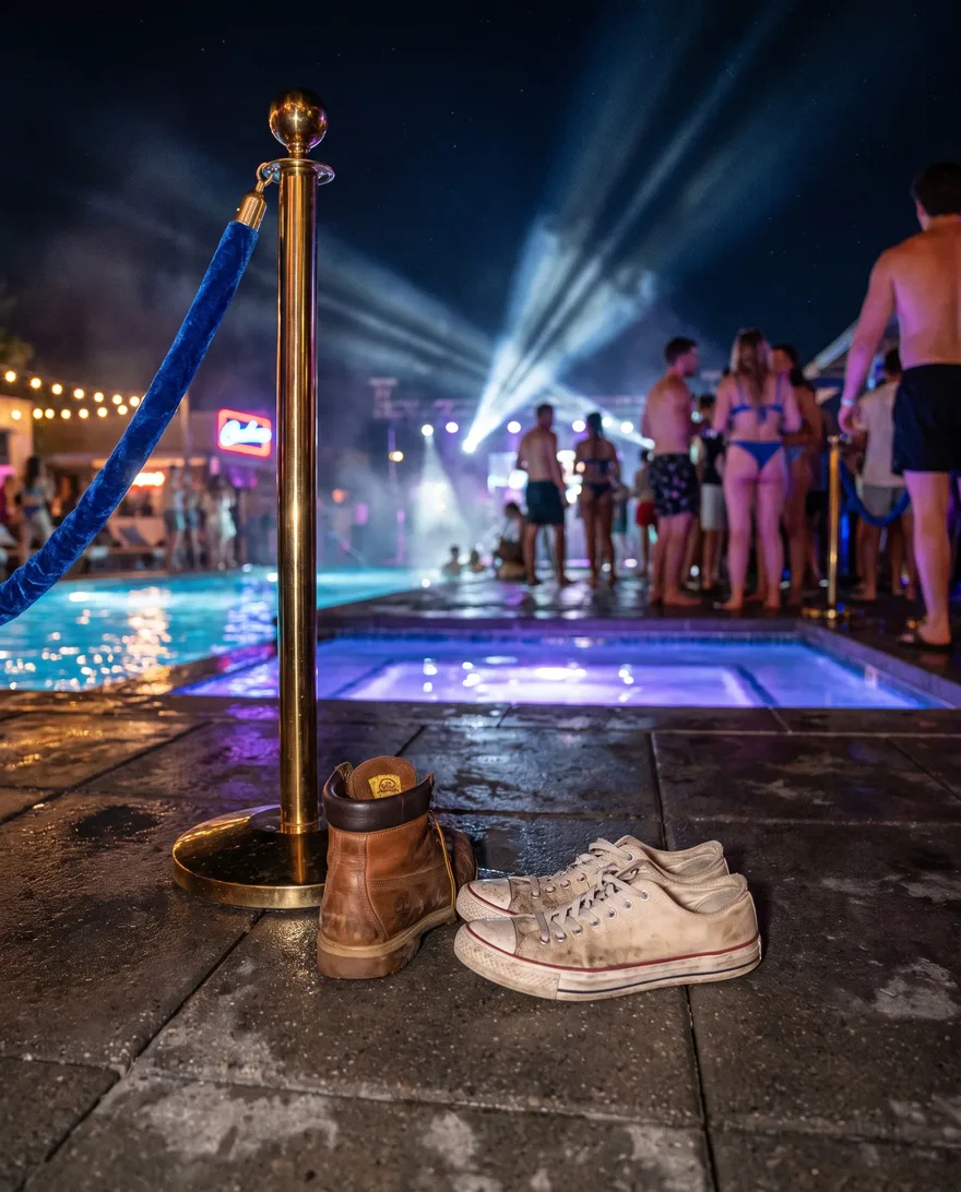 Footwear that gets stopped at EBC at Night: work boots and beat-up sneakers