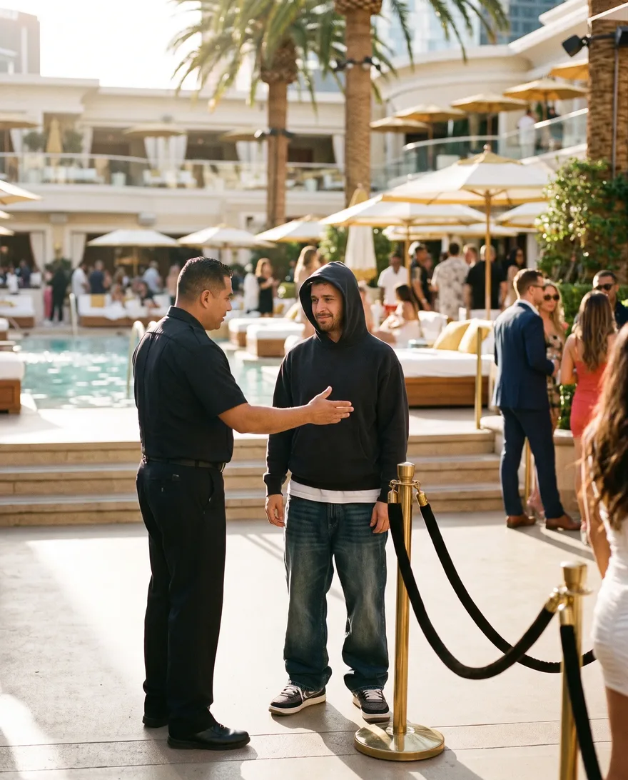 Not the move at Encore Beach Club: head-to-toe street clothes at the pool