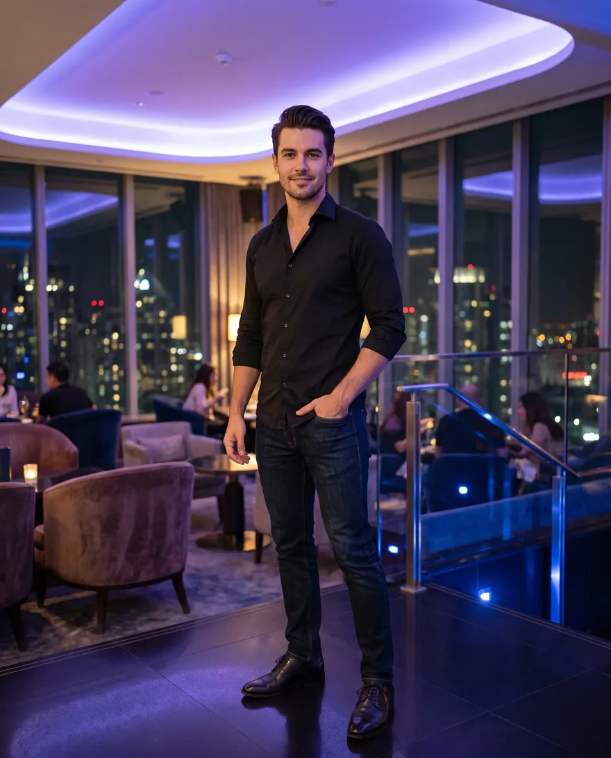 What men should wear at Ghostbar: button-up shirt, dark jeans, dress shoes