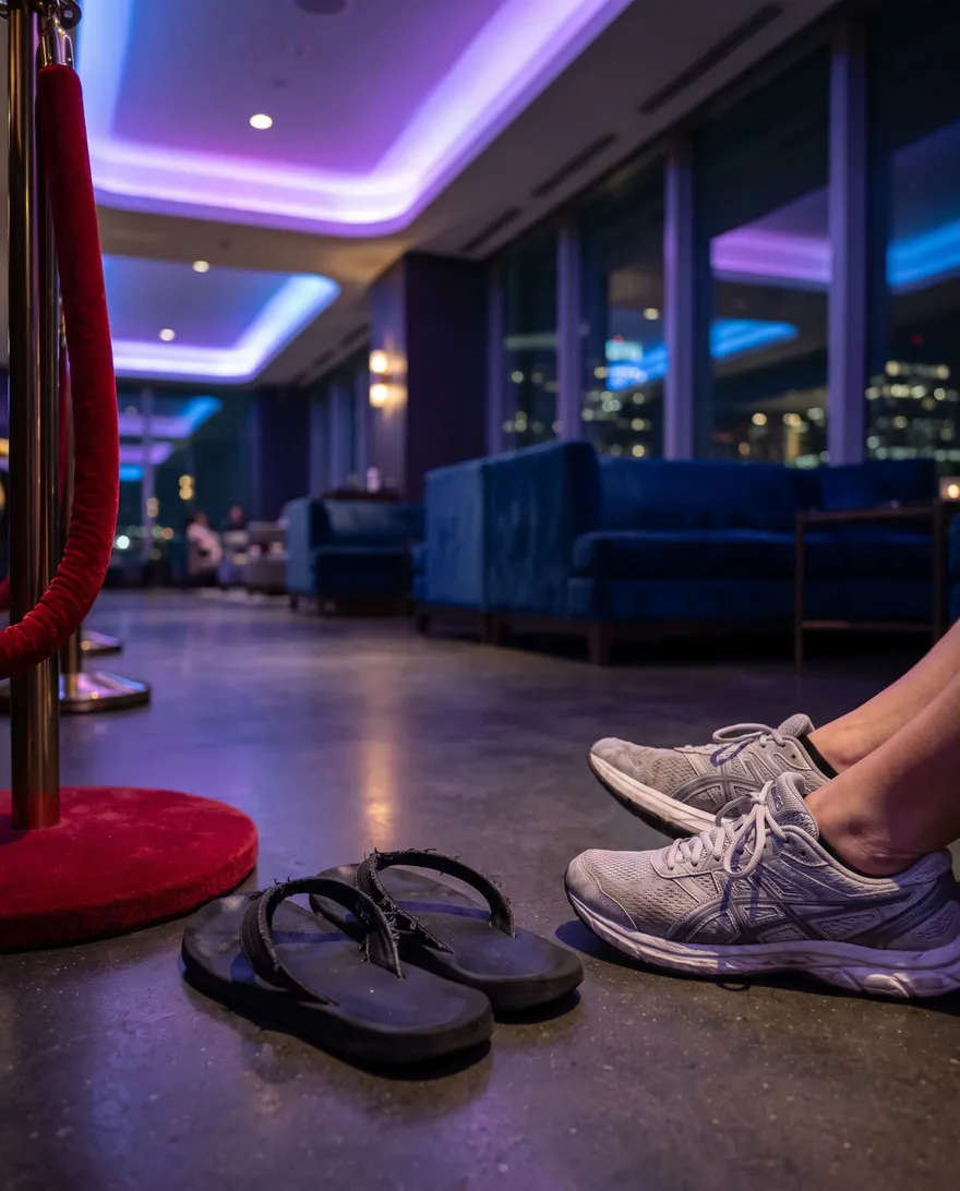 Shoes that get stopped at Ghostbar: flip-flops, slides and running sneakers