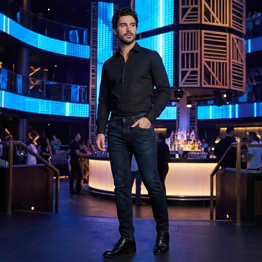 What men should wear at Hakkasan Nightclub: button-up shirt, dark jeans, dress shoes
