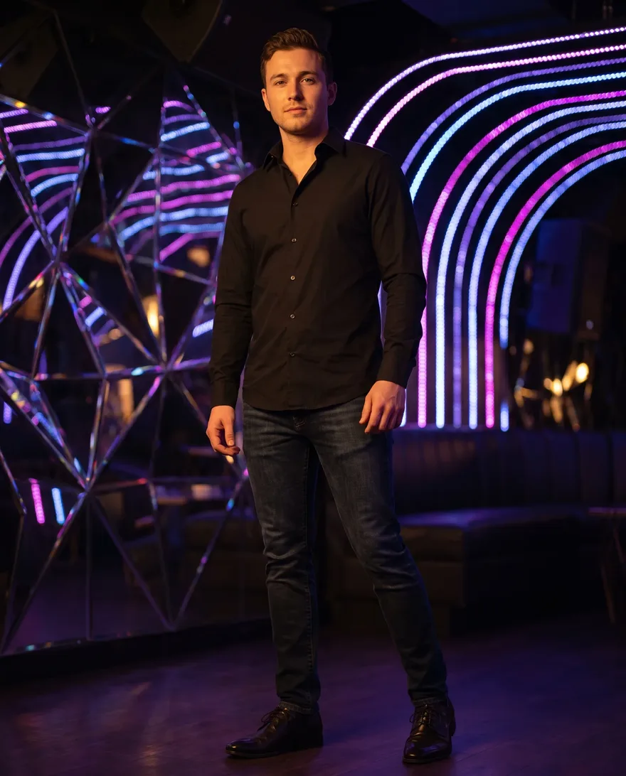 What men should wear at Jewel Nightclub: button-up shirt, dark jeans, dress shoes