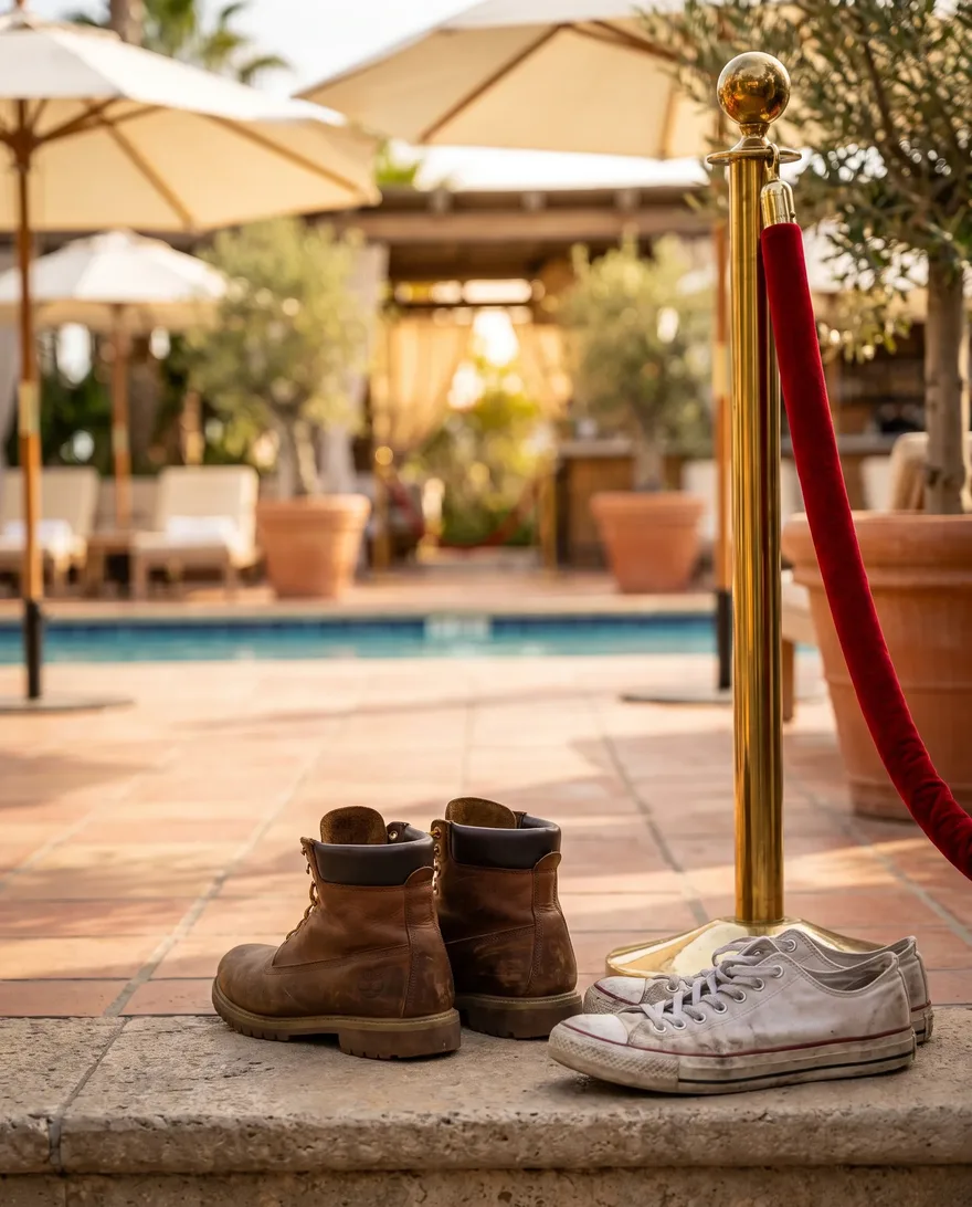 Footwear that gets stopped at Kassi Beach Club: work boots and beat-up sneakers
