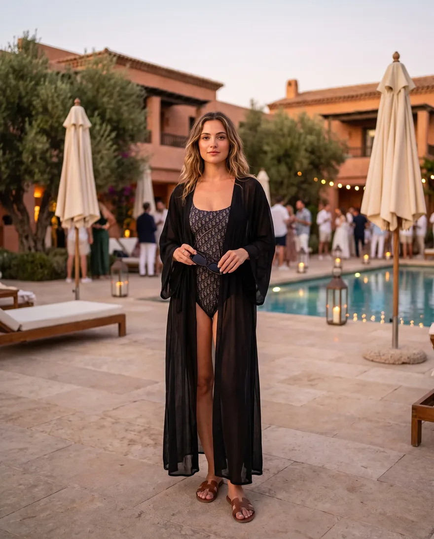 What women should wear at Kassi Beach Club: swimsuit with a chic cover-up and sandals