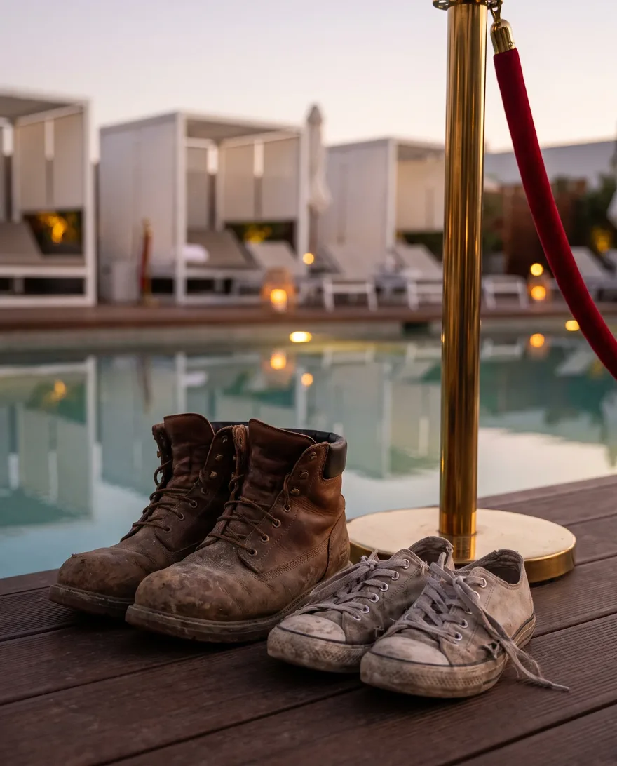 Footwear that gets stopped at Liquid Pool Lounge: work boots and beat-up sneakers