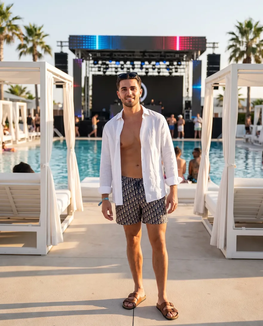 What men should wear at LIV Beach Dayclub: swim trunks, linen shirt, clean slides