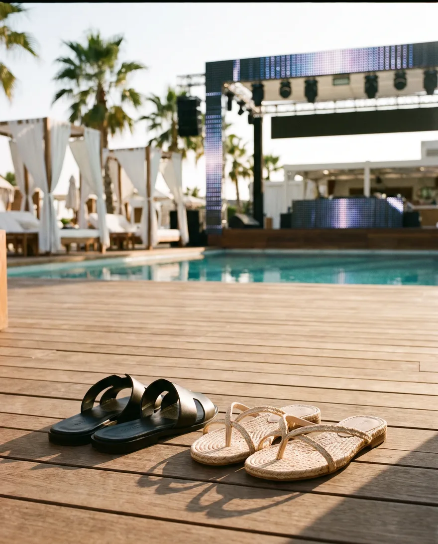 Footwear that works at LIV Beach Dayclub: clean slides and flat sandals