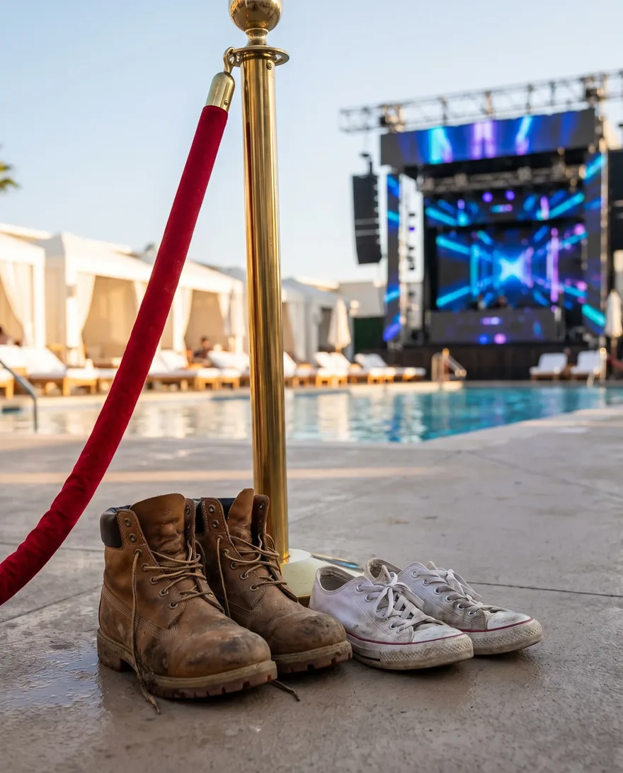 Footwear that gets stopped at LIV Beach Dayclub: work boots and beat-up sneakers