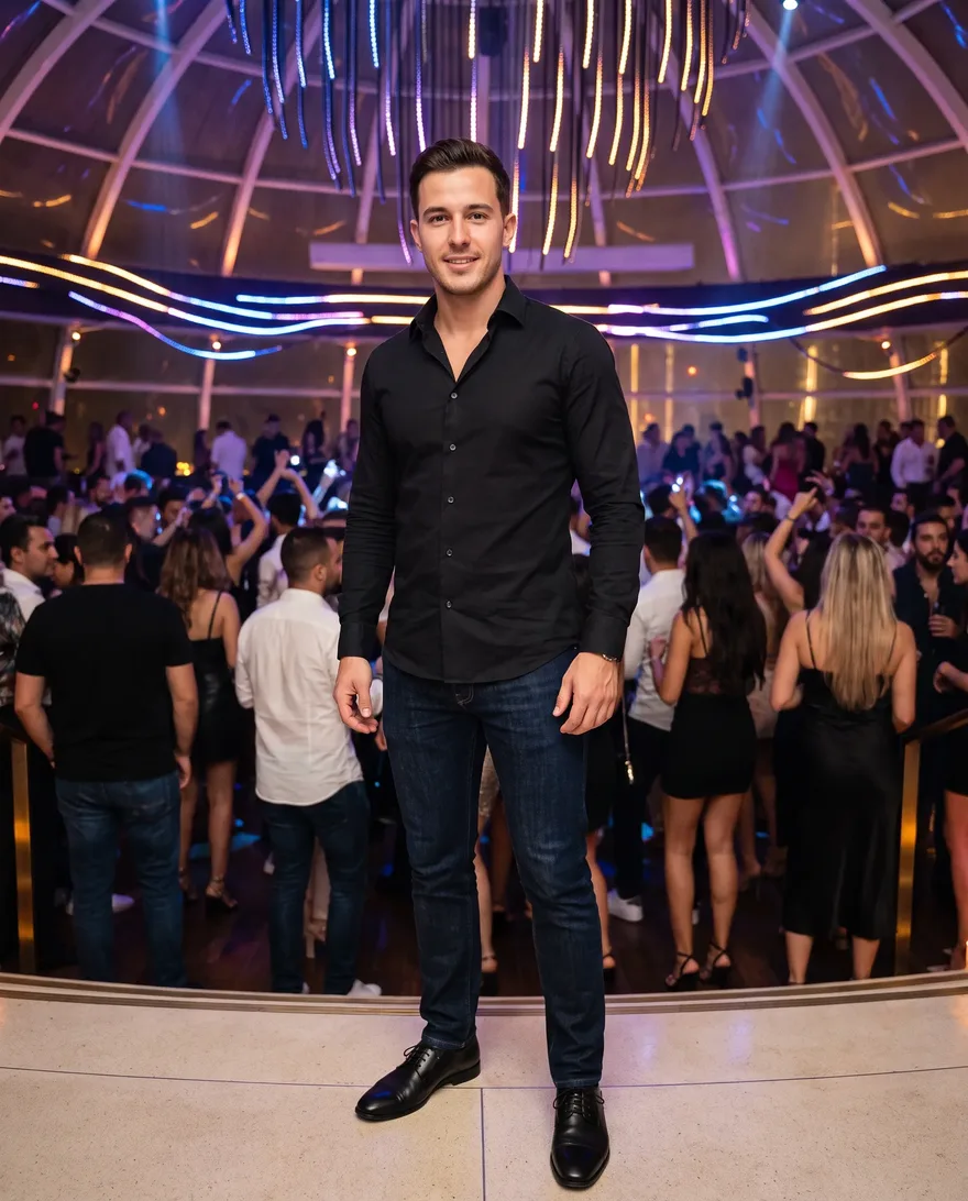 What men should wear at LIV Nightclub: button-up shirt, dark jeans, dress shoes