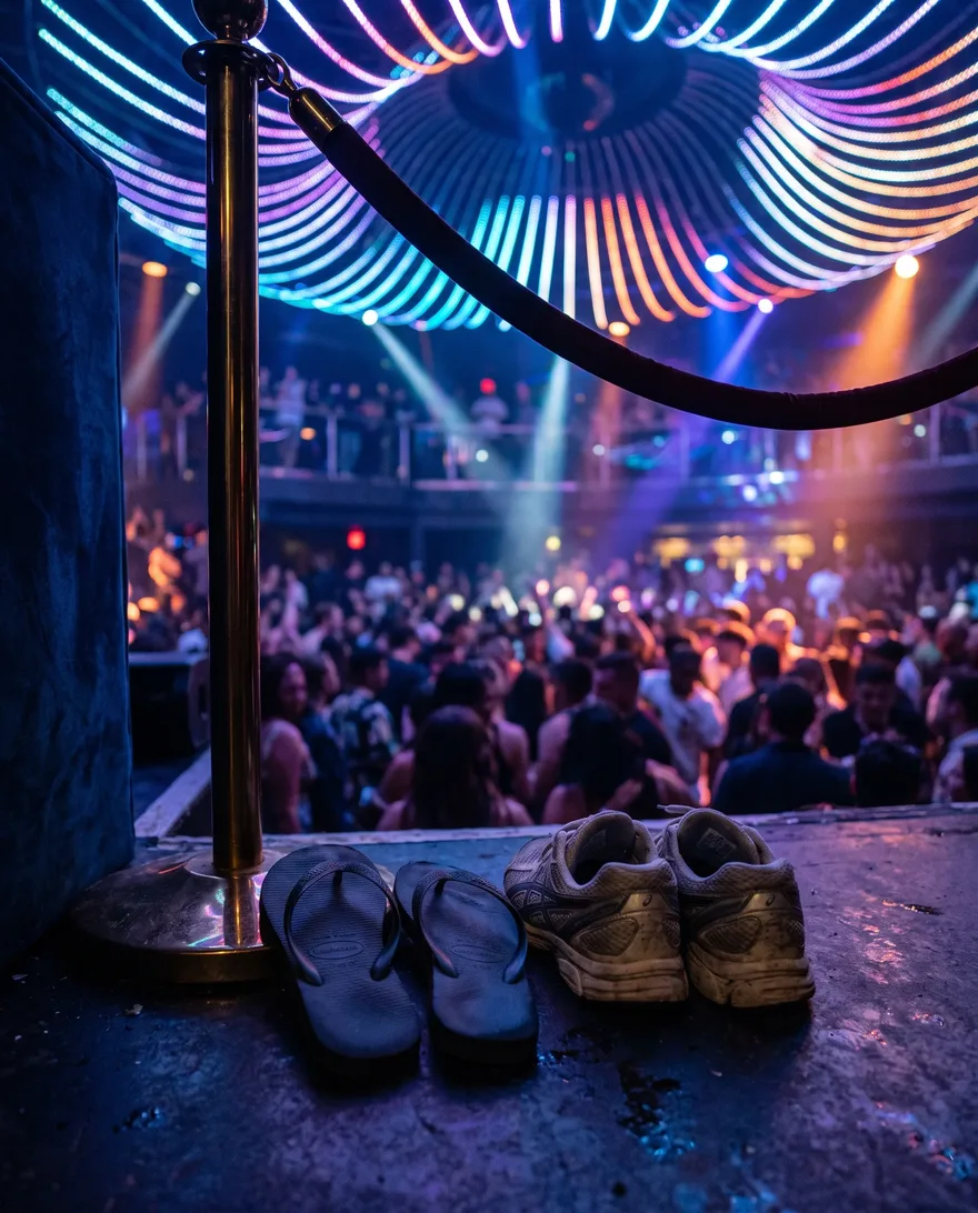 Shoes that get stopped at LIV Nightclub: flip-flops, slides and running sneakers