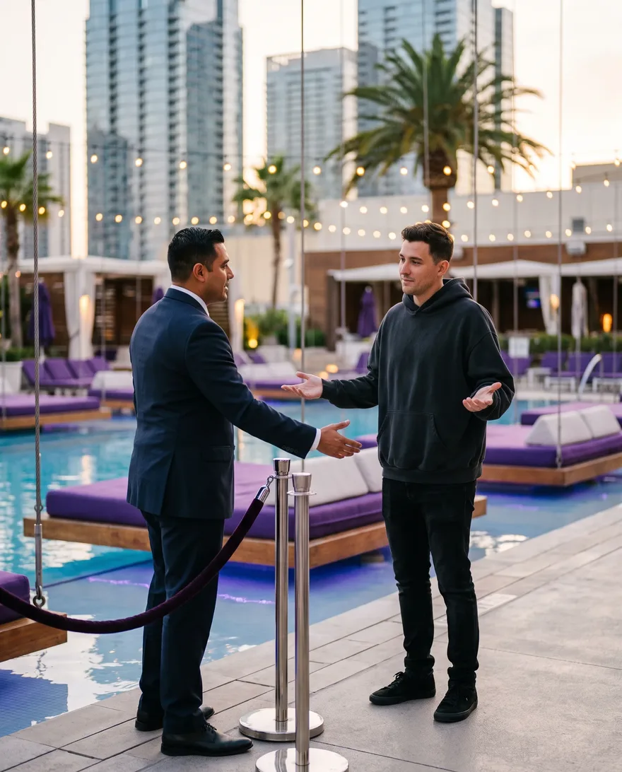 Not the move at Marquee Dayclub: head-to-toe street clothes at the pool