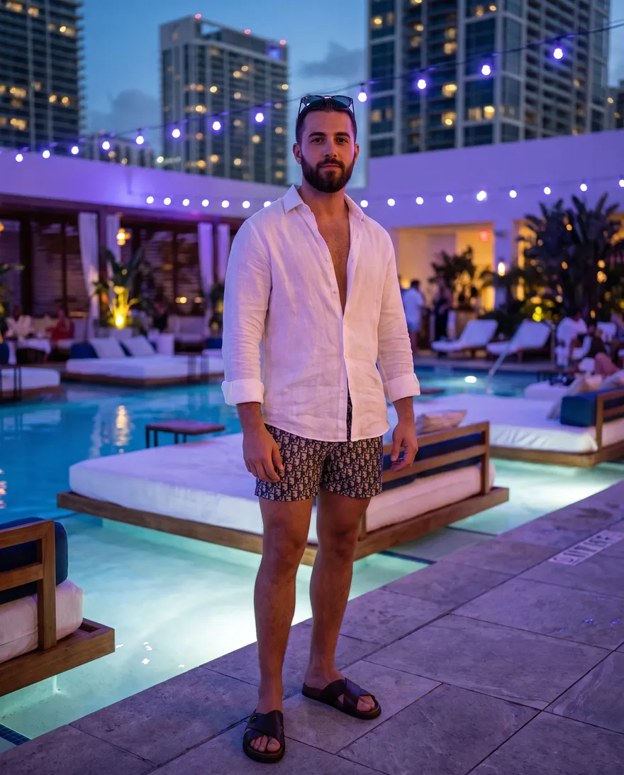 What men should wear at Marquee Dayclub: swim trunks, linen shirt, clean slides