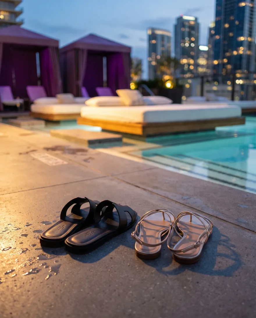 Footwear that works at Marquee Dayclub: clean slides and flat sandals