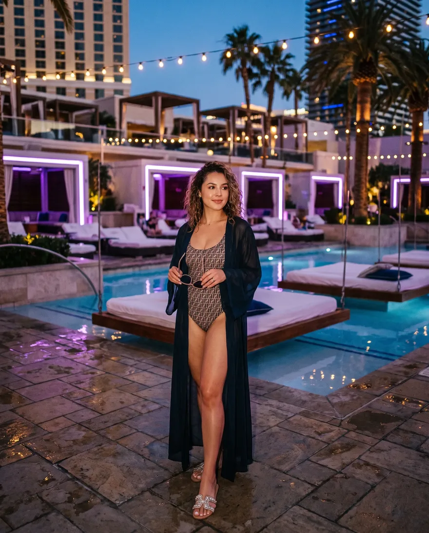 What women should wear at Marquee Dayclub: swimsuit with a chic cover-up and sandals