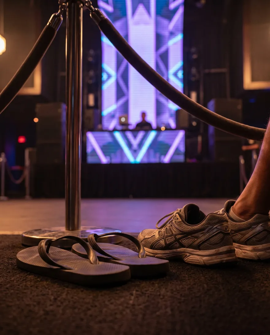Shoes that get stopped at Marquee Nightclub: flip-flops, slides and running sneakers