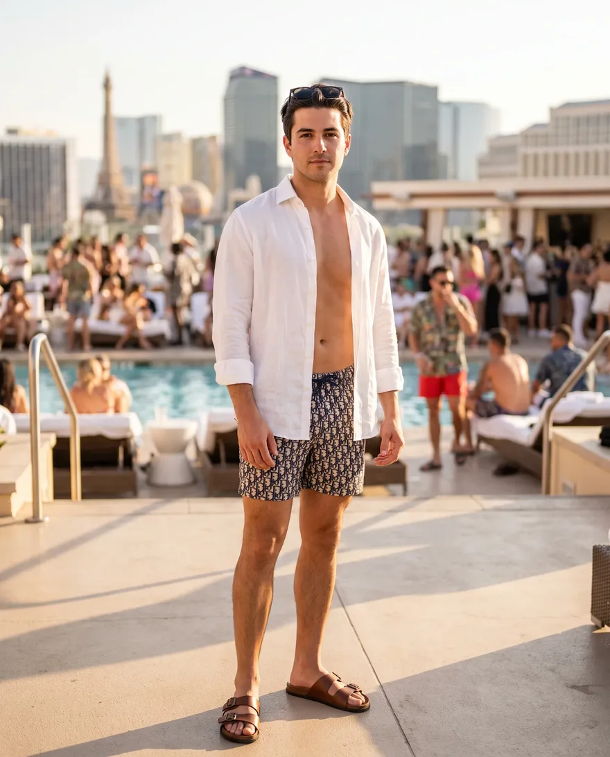 What men should wear at Omnia Dayclub: swim trunks, linen shirt, clean slides