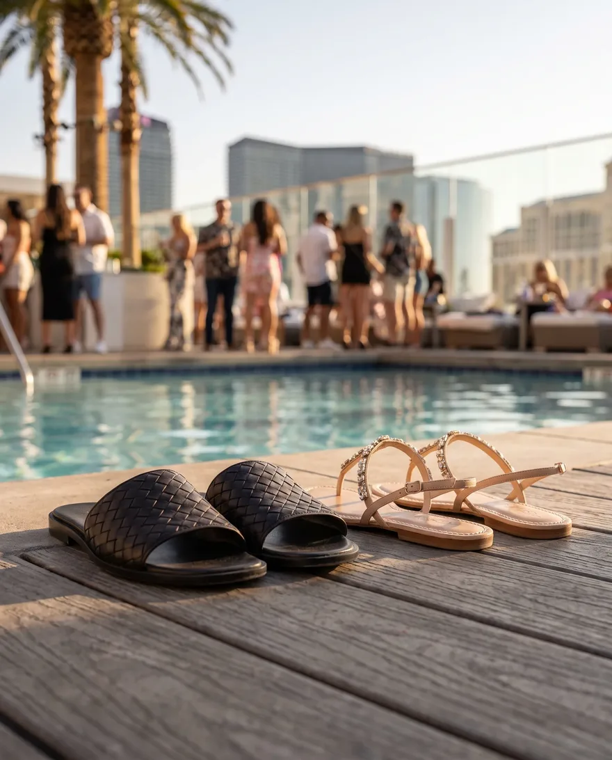 Footwear that works at Omnia Dayclub: clean slides and flat sandals