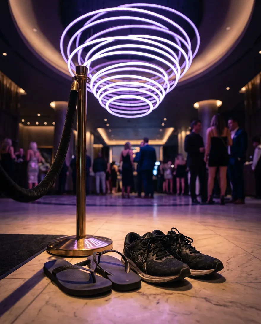 Shoes that get stopped at Omnia Nightclub: flip-flops, slides and running sneakers