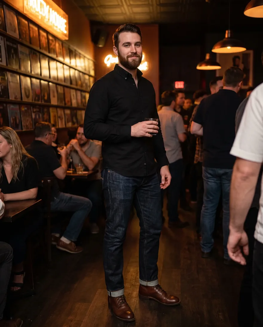 What men should wear at On The Record: button-up shirt, dark jeans, dress shoes