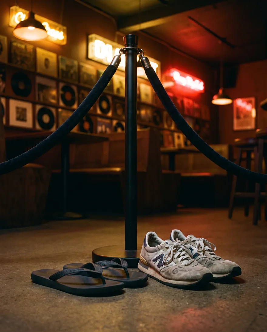 Shoes that get stopped at On The Record: flip-flops, slides and running sneakers