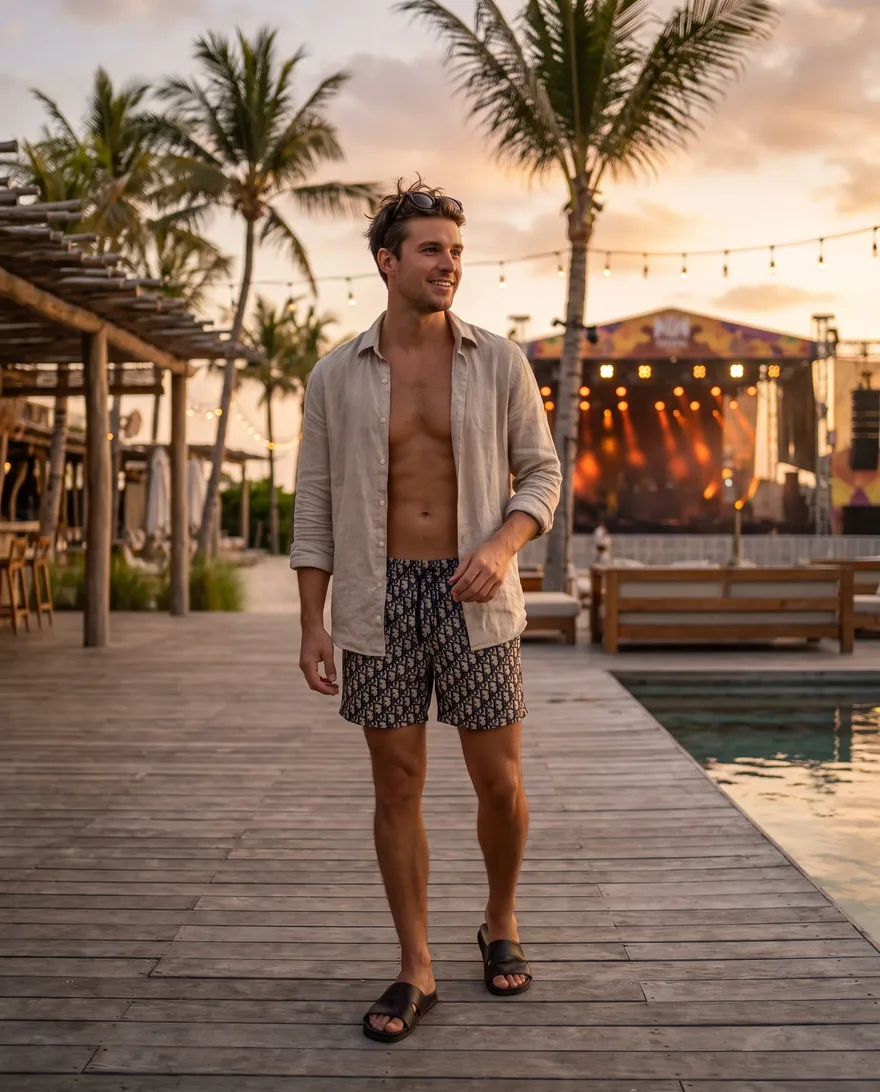 What men should wear at Palm Tree Beach Club: swim trunks, linen shirt, clean slides