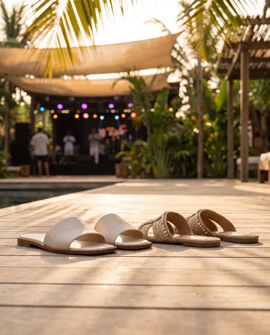 Footwear that works at Palm Tree Beach Club: clean slides and flat sandals