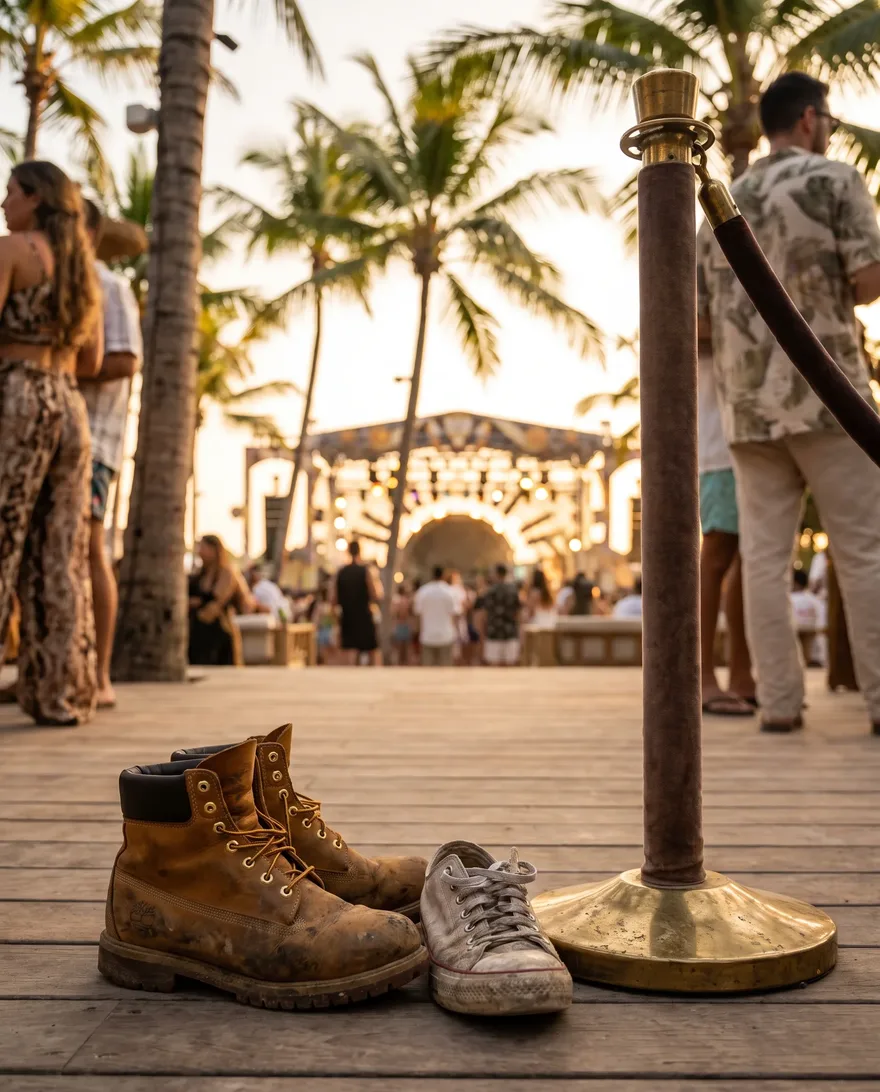 Footwear that gets stopped at Palm Tree Beach Club: work boots and beat-up sneakers