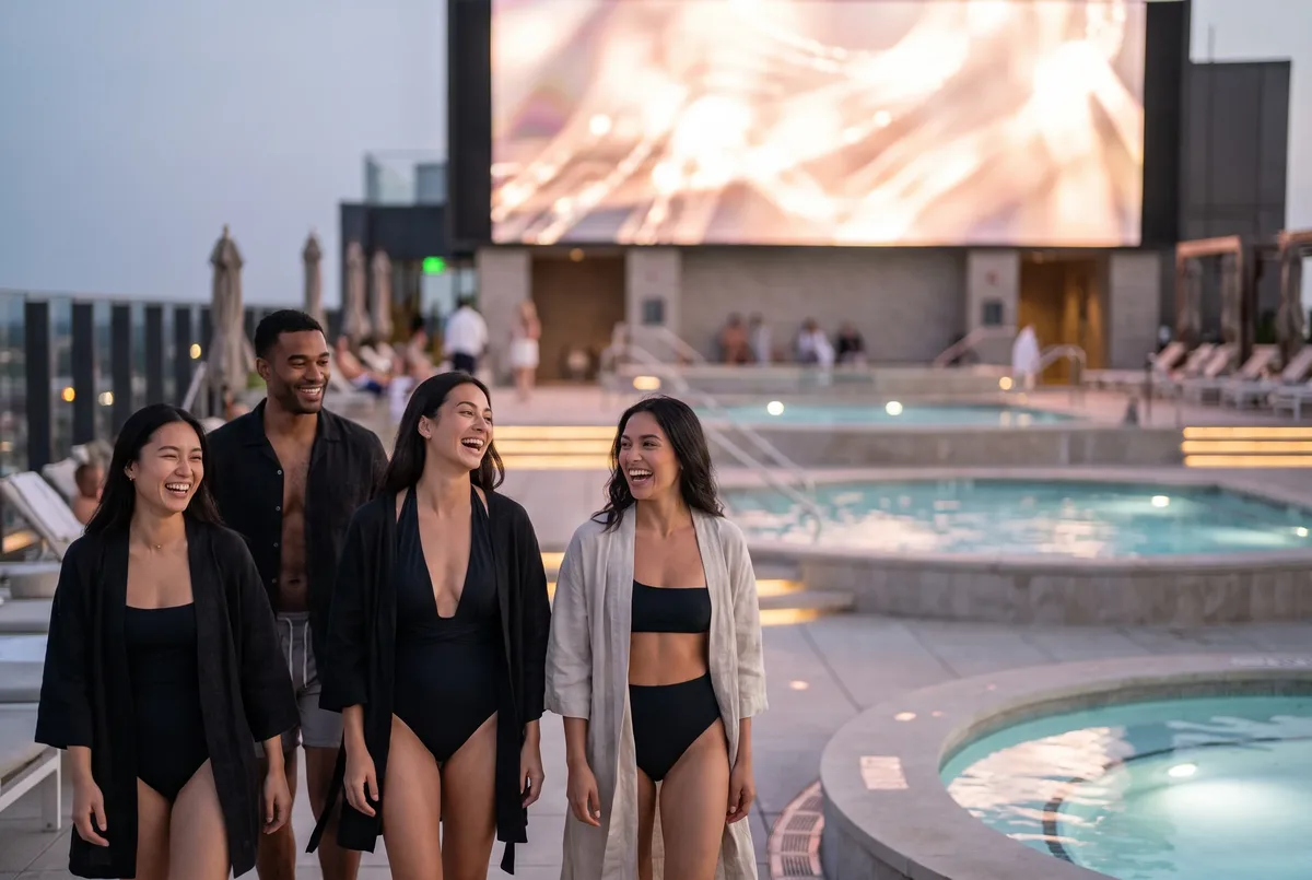 Stadium Swim pool party attire: swimwear, cover-ups and sandals