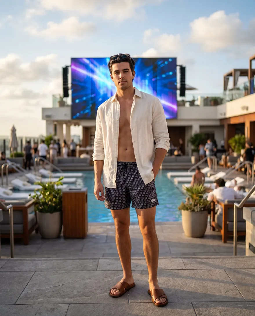 What men should wear at Stadium Swim: swim trunks, linen shirt, clean slides