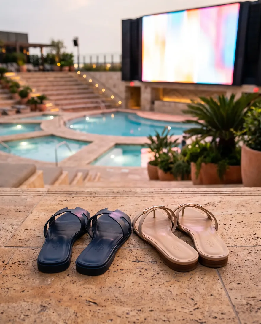 Footwear that works at Stadium Swim: clean slides and flat sandals