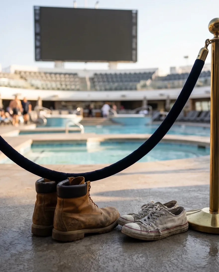 Footwear that gets stopped at Stadium Swim: work boots and beat-up sneakers