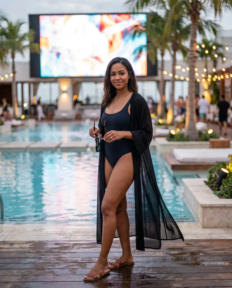 What women should wear at Stadium Swim: swimsuit with a chic cover-up and sandals