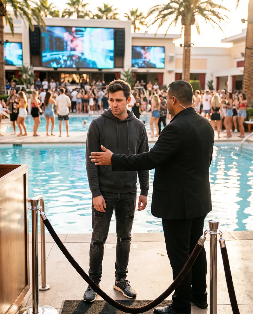 Not the move at Tailgate Beach Club: head-to-toe street clothes at the pool