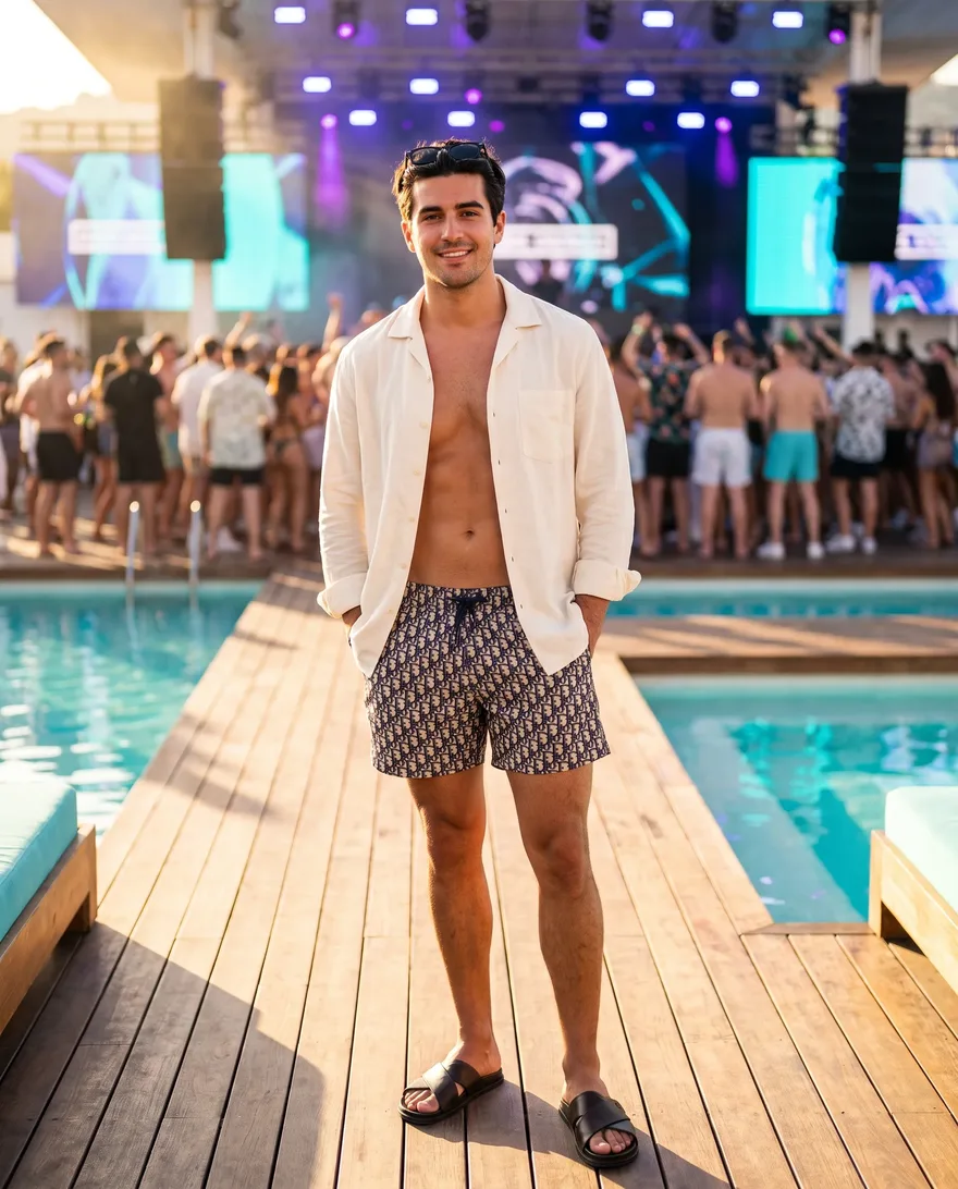 What men should wear at Tailgate Beach Club: swim trunks, linen shirt, clean slides