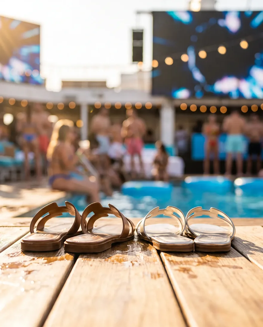 Footwear that works at Tailgate Beach Club: clean slides and flat sandals