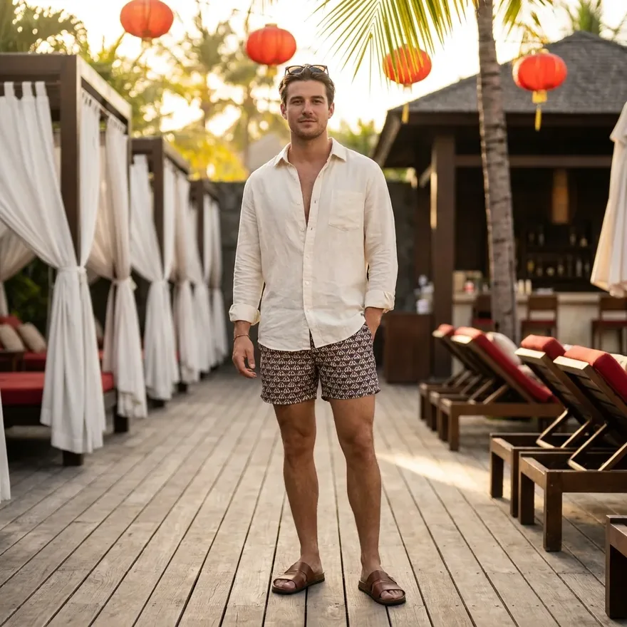What men should wear at TAO Beach Dayclub: swim trunks, linen shirt, clean slides