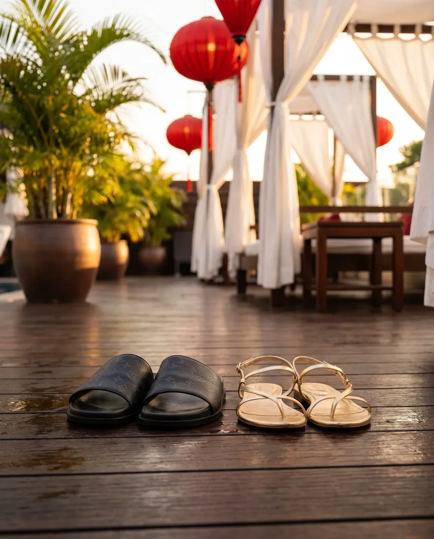 Footwear that works at TAO Beach Dayclub: clean slides and flat sandals