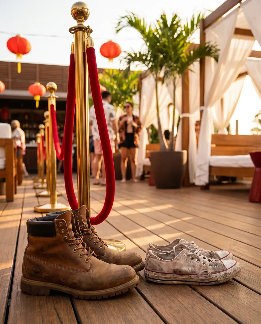 Footwear that gets stopped at TAO Beach Dayclub: work boots and beat-up sneakers