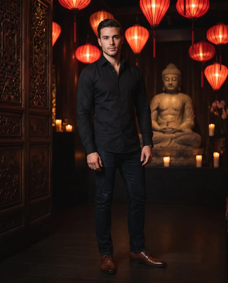 What men should wear at TAO Nightclub: button-up shirt, dark jeans, dress shoes