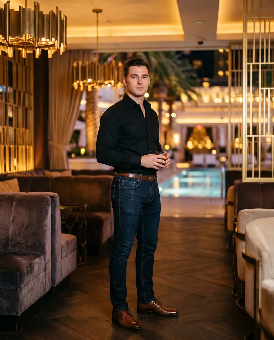 What men should wear at XS Nightclub: button-up shirt, dark jeans, dress shoes