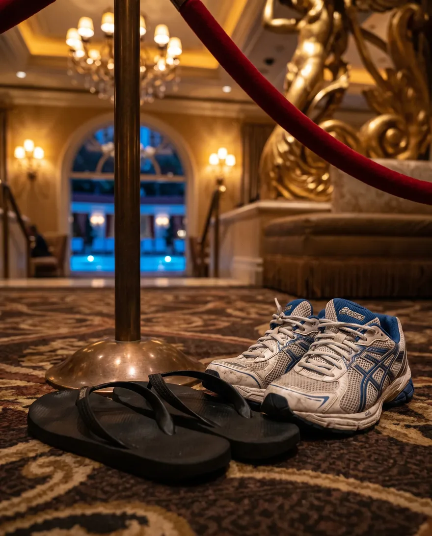Shoes that get stopped at XS Nightclub: flip-flops, slides and running sneakers