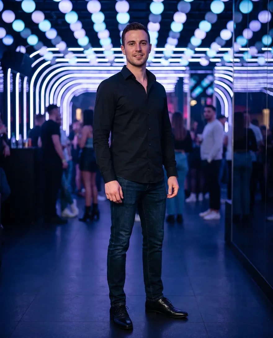 What men should wear at Zouk Nightclub: button-up shirt, dark jeans, dress shoes