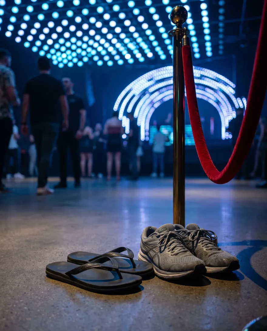 Shoes that get stopped at Zouk Nightclub: flip-flops, slides and running sneakers